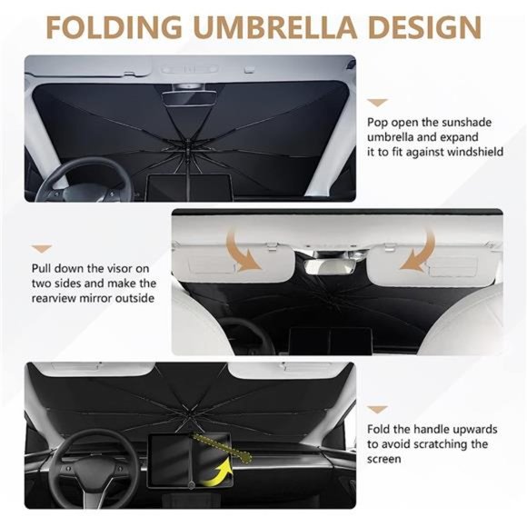 Car Windshield Sun Shade - Foldable Umbrella Reflective Sunshade for Car Front - Picture 3 of 7
